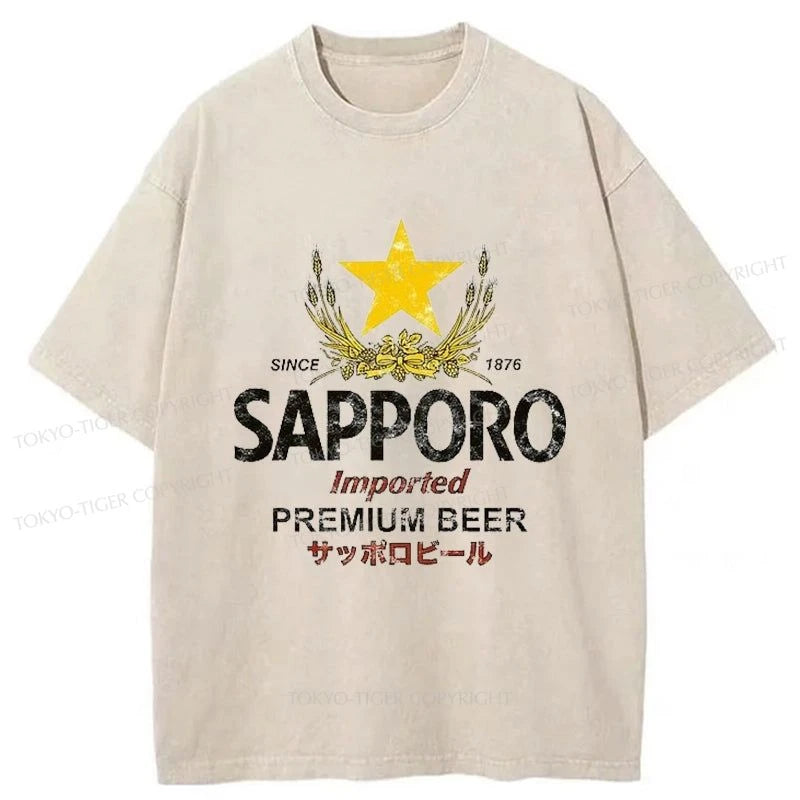 men's graphic print t-shirts -Tokyo-Tiger Sapporo Beer Star Japanese Washed T-Shirt