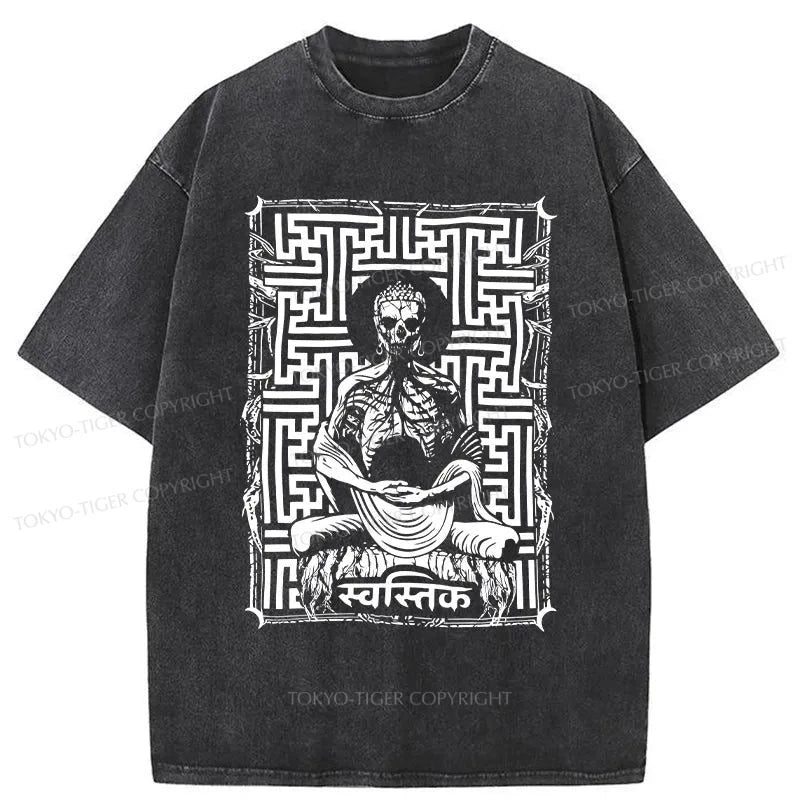 men's classic t-shirts -Tokyo-Tiger Sayagata Buddha Graphic Washed T-Shirt