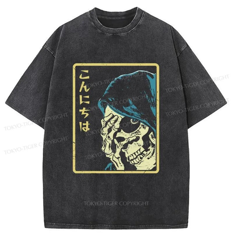 men's oversized graphic t-shirts -Tokyo-Tiger Scary Skull Japan Washed T-Shirt