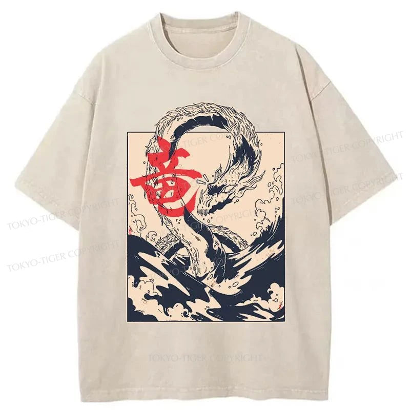 men's colorful graphic tees -Tokyo-Tiger Sea Dragon Japanese Washed T-Shirt