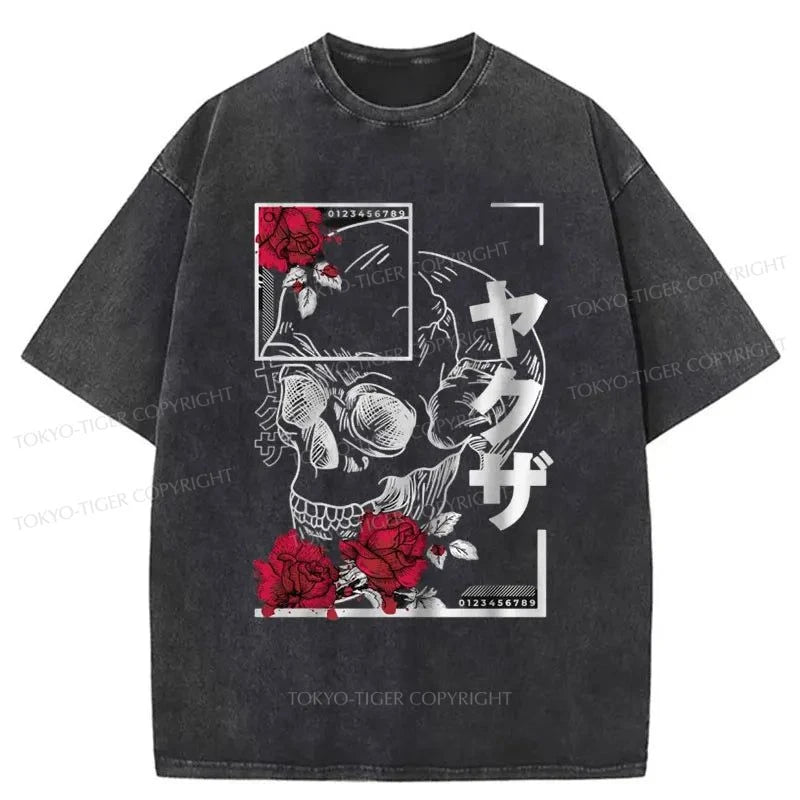 men's bold graphic t-shirts -Tokyo-Tiger Skull Roses Japanese Washed T-Shirt