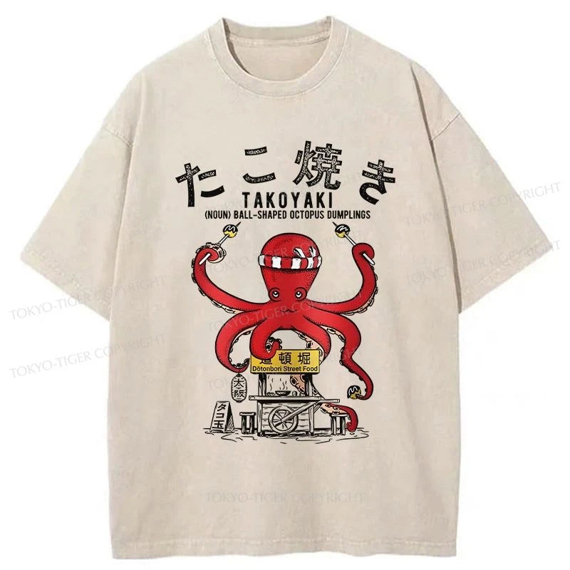 men's premium quality t-shirts -Tokyo-Tiger Takoyaki Octopus Balls Washed T-Shirt