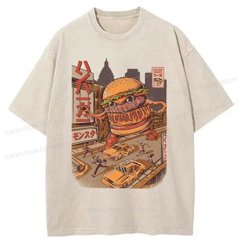 men's cotton blend t-shirts -Tokyo-Tiger The Great Burger Kaiju Japanese Washed T-Shirt