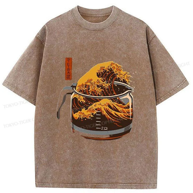 men's cotton blend t-shirts -Tokyo-Tiger The Great Wave Off Coffee Japanese Washed T-Shirt