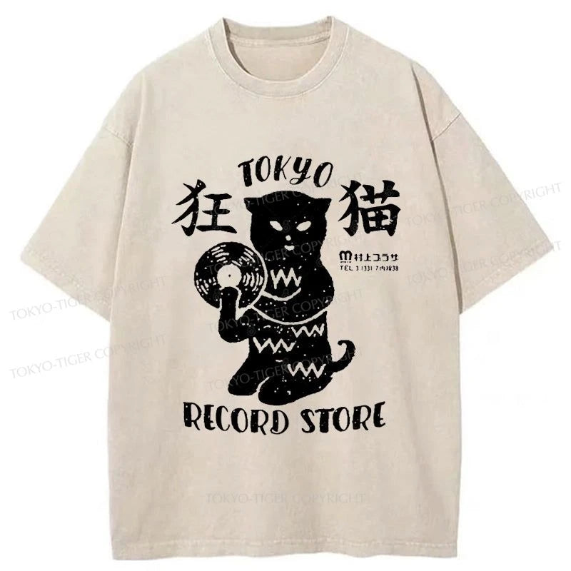 men's soft cotton blend tees -Tokyo-Tiger Tokyo Record Store Cat CD Washed T-Shirt