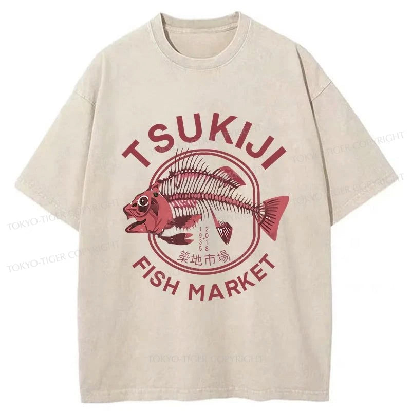 men's cool summer t-shirts -Tokyo-Tiger Tokyo Tsukiji Fish Market Vintage Japan Washed T-Shirt