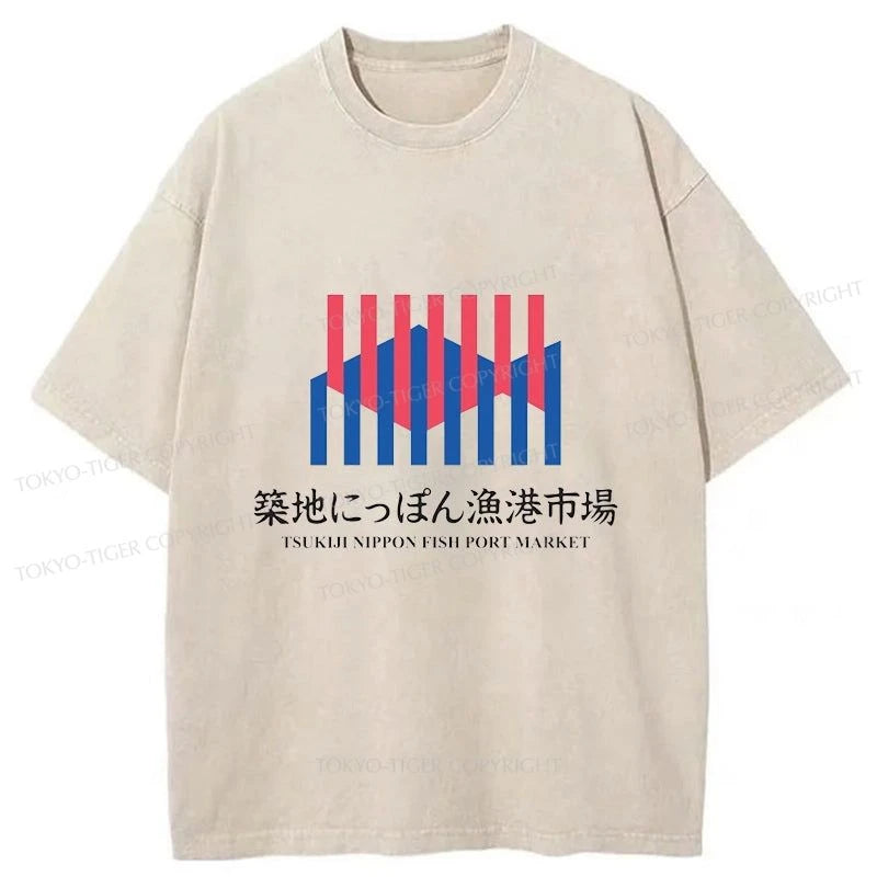 men's soft cotton crewneck t-shirts -Tokyo-Tiger Tsukiji Nippon Fish Port Market Washed T-Shirt