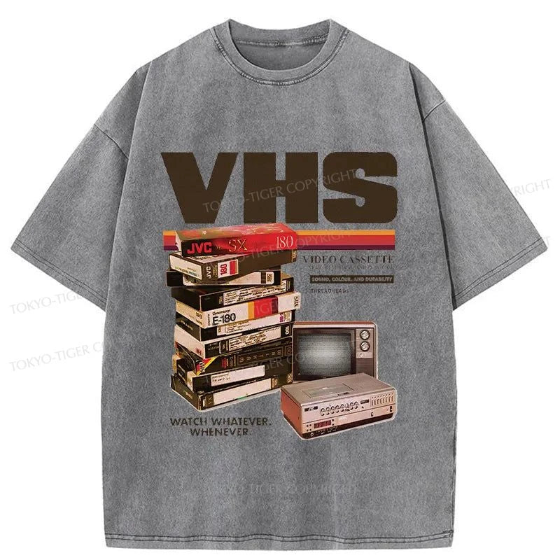 men's cotton t-shirts -Tokyo-Tiger Vintage VHS Tapes Japanese Washed T-Shirt