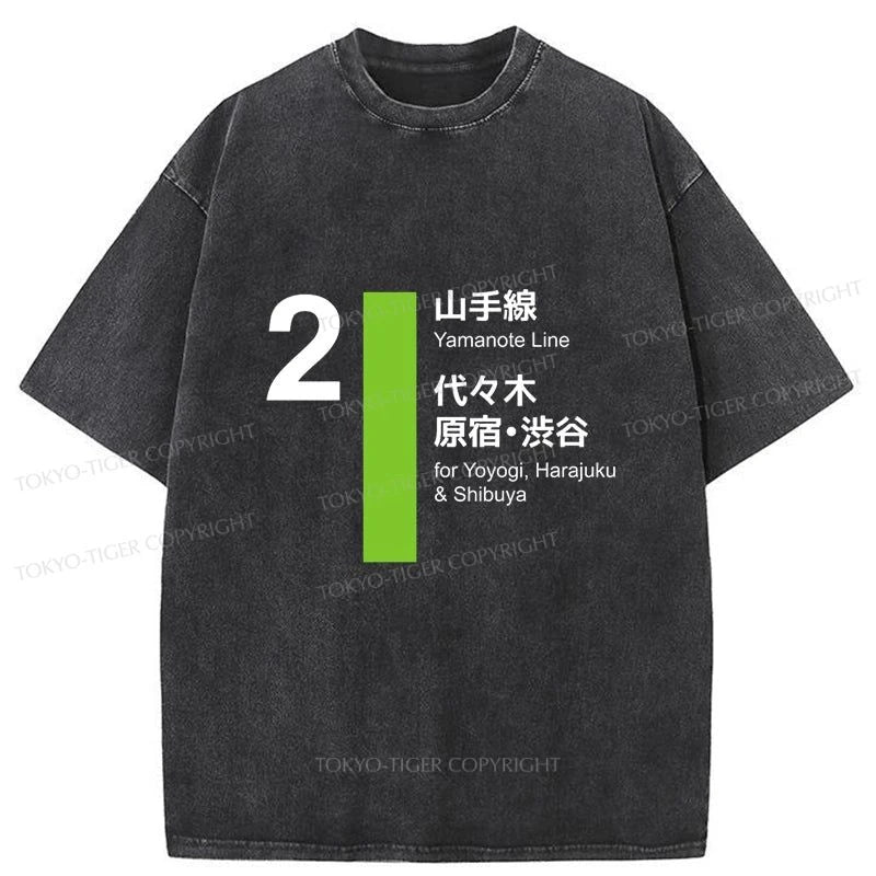 men's crewneck t-shirts -Tokyo-Tiger Yamanote Line Shibuya and Harajuku Washed T-Shirt