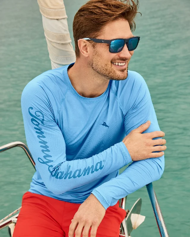 men's basic white t-shirts -Tommy Bahama Men's IslandZone Chill Time Surf Crew Long Sleeve Rash Guard T-Shirt - Infinity Pool