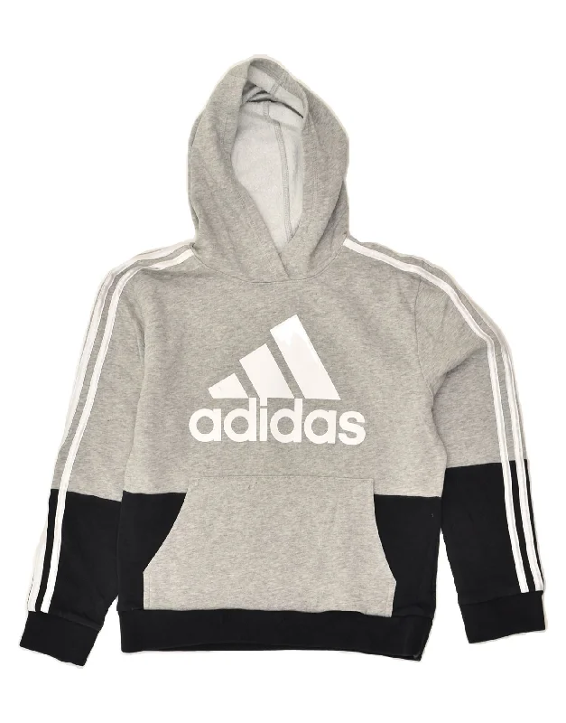 men's hoodie for gym -ADIDAS Boys Graphic Hoodie Jumper 10-11 Years Grey Colourblock Cotton