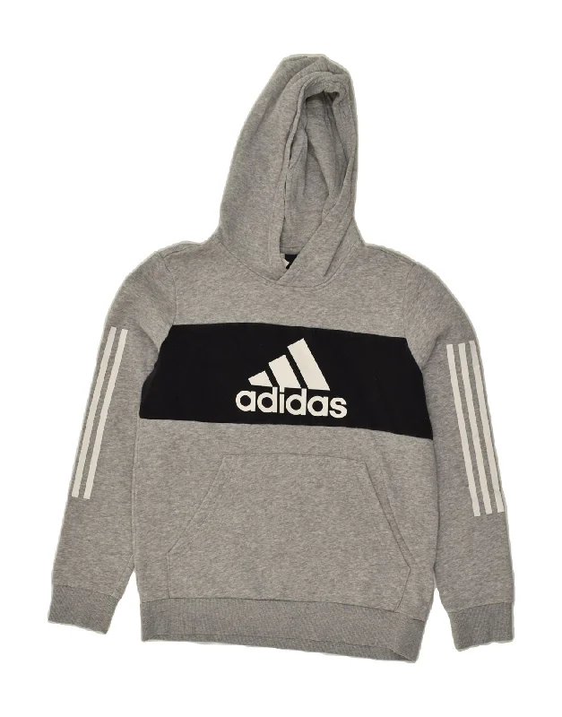 men's casual hoodies with stripes -ADIDAS Boys Graphic Hoodie Jumper 13-14 Years Grey Cotton