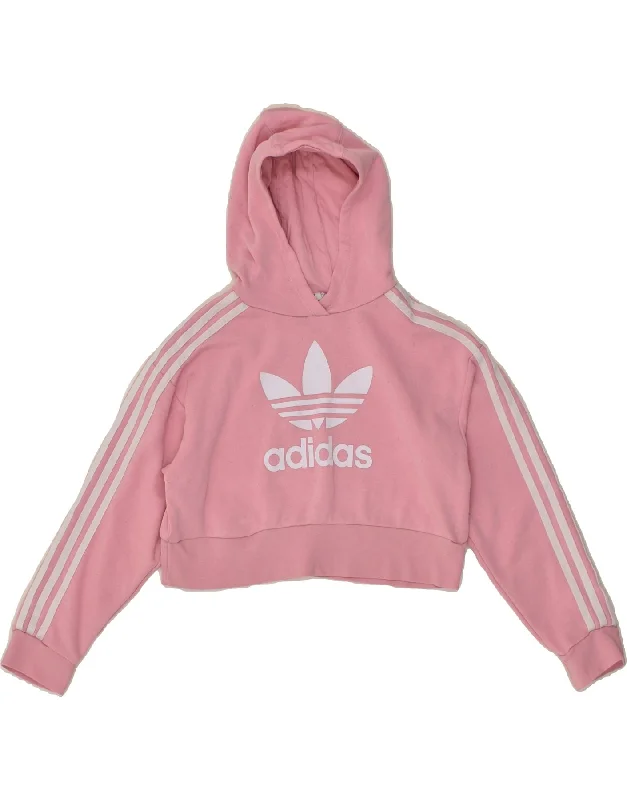 men's printed fleece sweatshirts -ADIDAS Girls Graphic Crop Hoodie Jumper 9-10 Years Pink Cotton