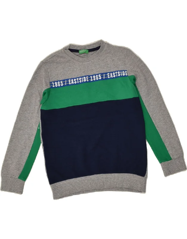 men's printed hoodies -BENETTON Boys Sweatshirt Jumper 8-9 Years Large Grey Colourblock Cotton