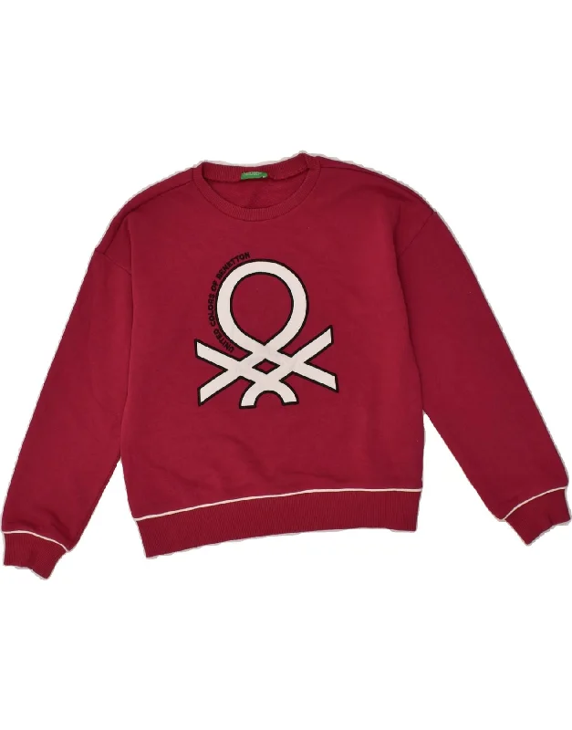 men's cozy hoodies -BENETTON Girls Graphic Sweatshirt Jumper 8-9 Years Large Burgundy Cotton