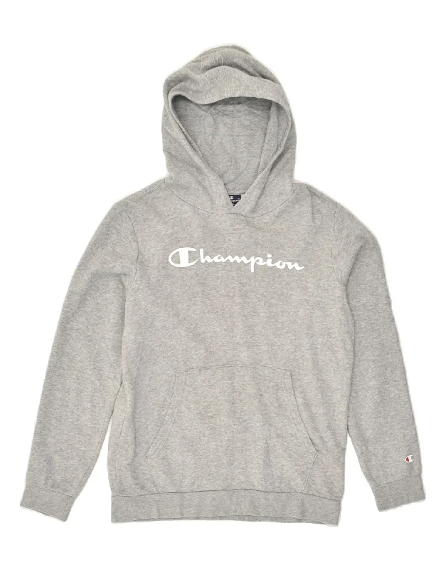 men's zip hoodie with drawstrings -CHAMPION Boys Graphic Hoodie Jumper 13-14 Years XL Grey Cotton