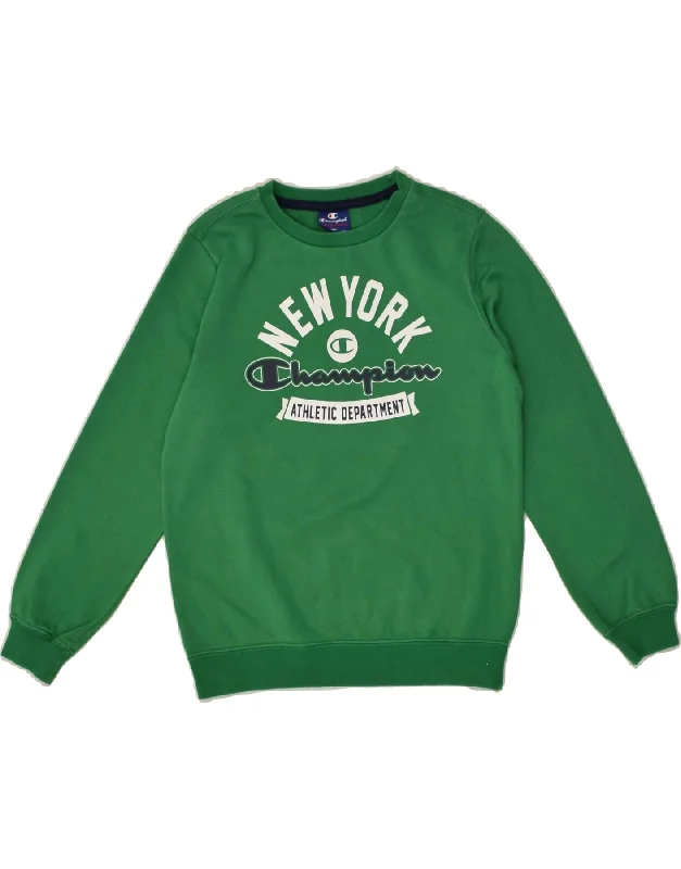 men's hoodie for cold weather -CHAMPION Boys Graphic Sweatshirt Jumper 9-10 Years Medium Green Cotton