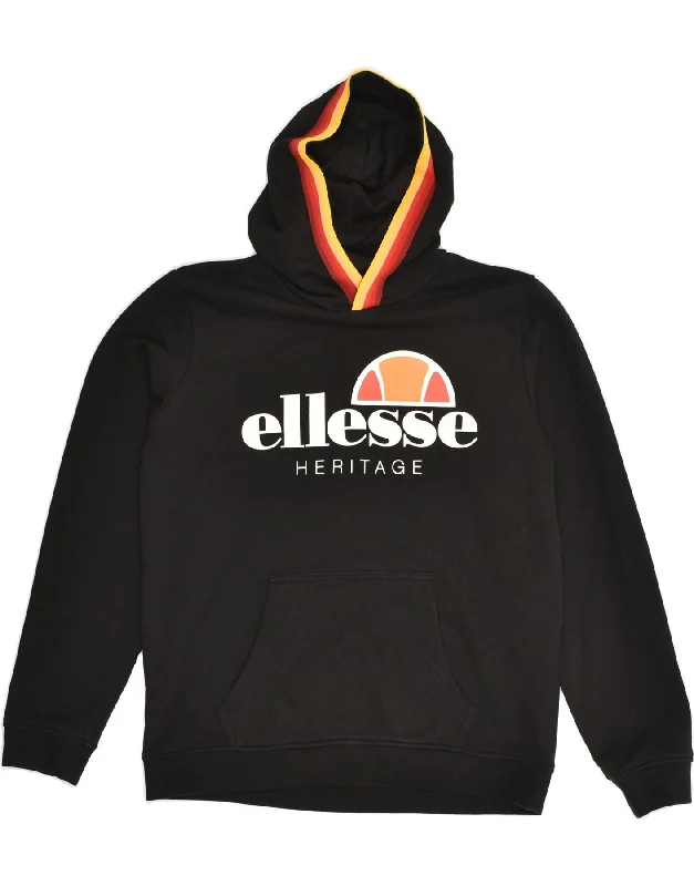 men's oversized hoodies -ELLESSE Boys Graphic Hoodie Jumper 13-14 Years Black Cotton