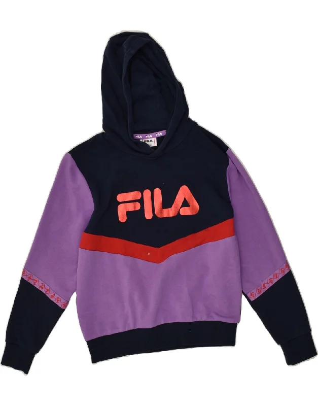 men's hoodie with zippered pockets -FILA Girls Graphic Hoodie Jumper 11-12 Years Purple Colourblock Cotton