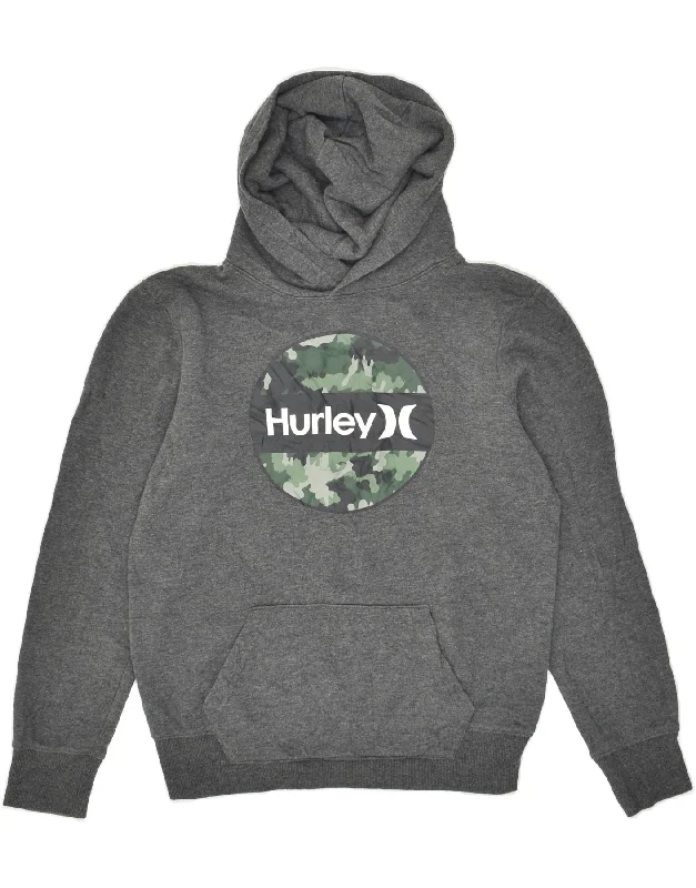 men's hoodie for gym -HURLEY Boys Graphic Hoodie Jumper 14-15 Years Large Grey Cotton