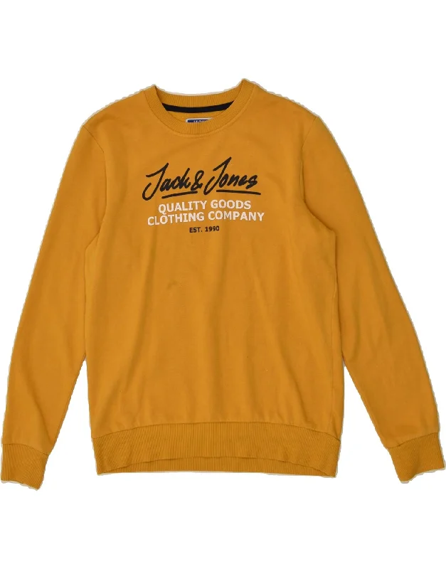 men's hoodie for cold weather -JACK & JONES Boys Graphic Hoodie Jumper 13-14 Years Yellow Cotton