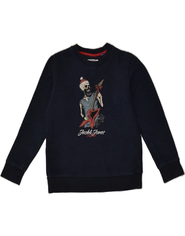 men's cotton hoodies -JACK & JONES Boys Graphic Sweatshirt Jumper 9-10 Years Navy Blue Cotton