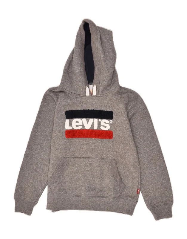 men's hoodie for layering in cold -LEVI'S Boys Graphic Hoodie Jumper 11-12 Years Grey Cotton