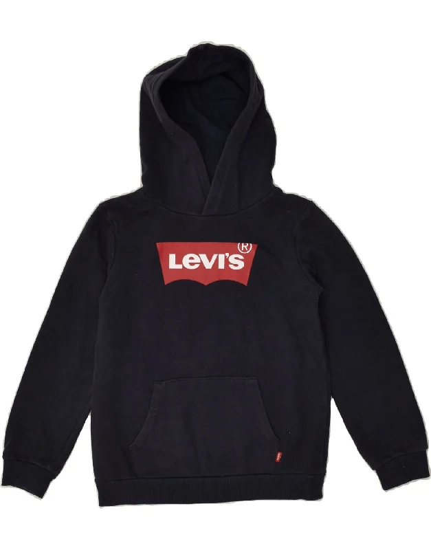 men's comfy hoodie sweatshirt -LEVI'S Boys Graphic Hoodie Jumper 7-8 Years Navy Blue Cotton