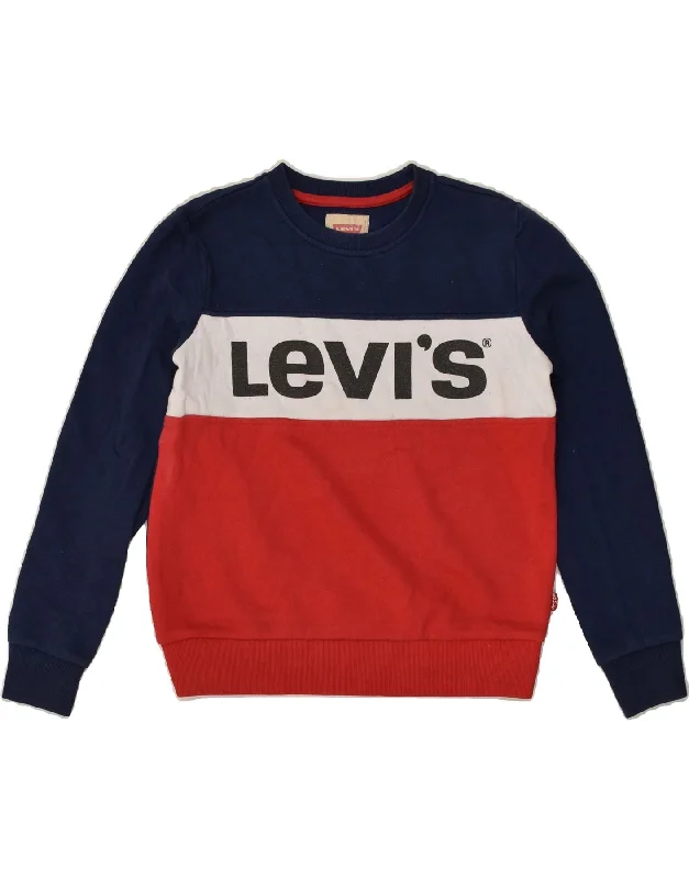 men's hoodie for hiking -LEVI'S Boys Graphic Sweatshirt Jumper 13-14 Years Navy Blue Striped Cotton