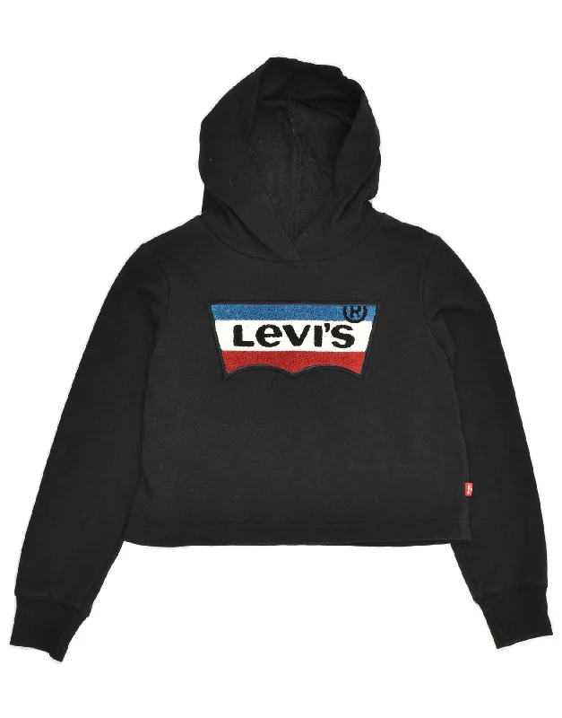 men's oversized hoodies -LEVI'S Girls Crop Graphic Hoodie Jumper 10-11 Years Medium Black Cotton