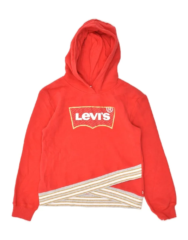 men's zip-up hoodies -LEVI'S Girls Graphic Hoodie Jumper 9-10 Years Red Cotton