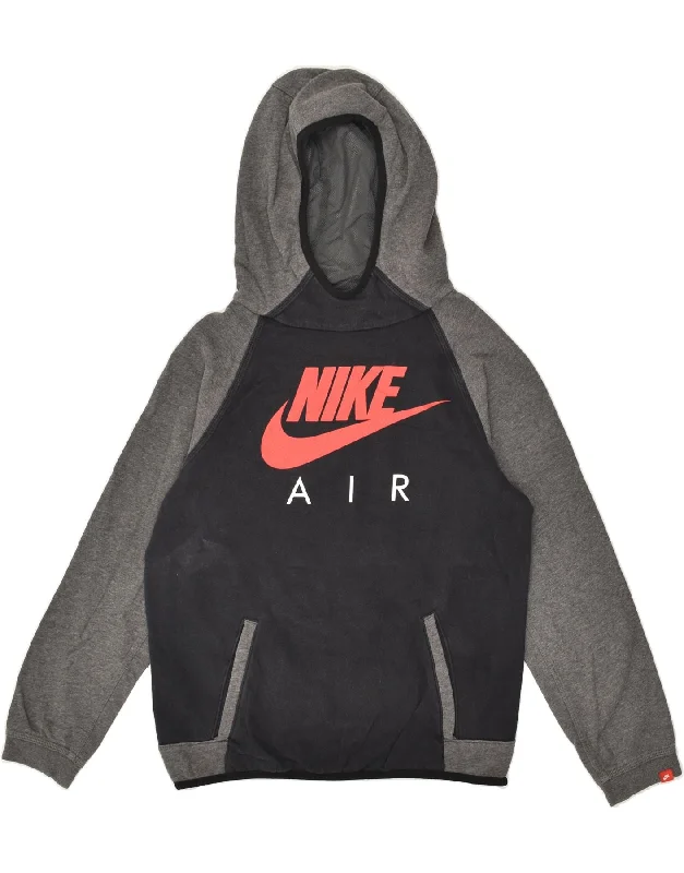 men's trendy zip-up sweatshirts -NIKE Boys Graphic Hoodie Jumper 12-13 Years Large Black Colourblock Cotton