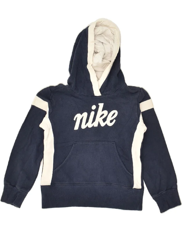 men's casual hoodies with stripes -NIKE Boys Graphic Hoodie Jumper 7-8 Years Small  Navy Blue Colourblock