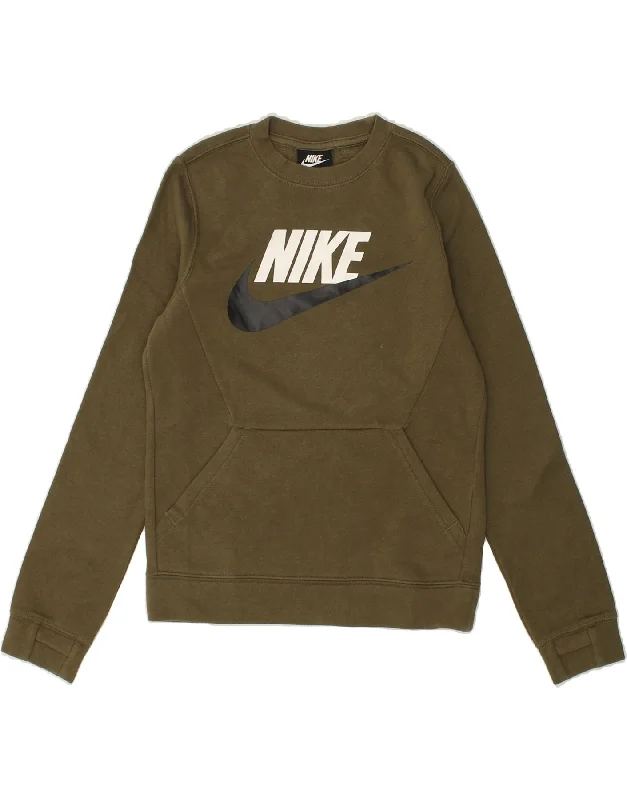 men's hoodie for snowboarding -NIKE Boys Graphic Sweatshirt Jumper 10-11 Years Medium Khaki Cotton