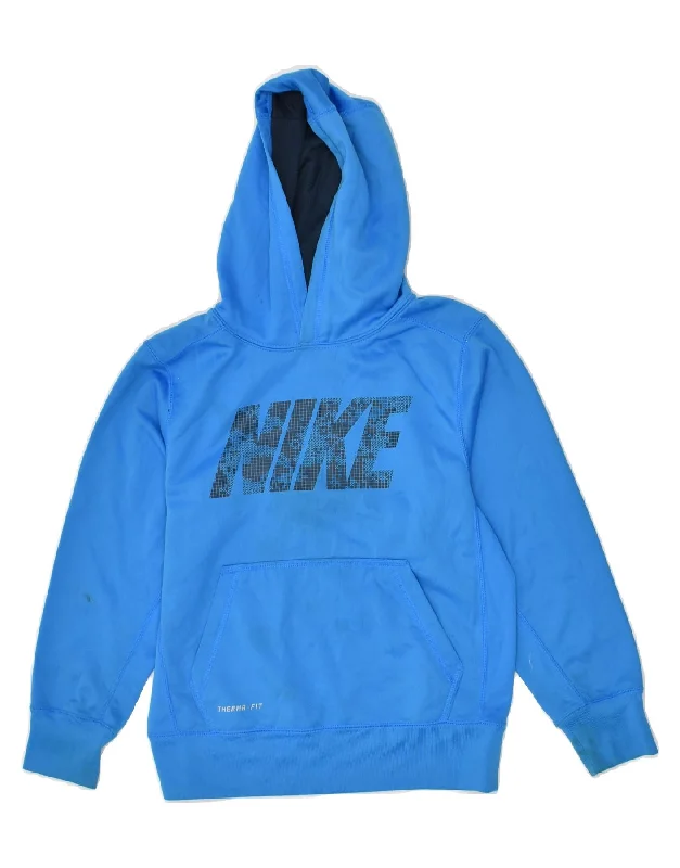 men's hoodie for running -NIKE Boys Therma-Fit Graphic Hoodie Jumper 9-10 Years Small  Blue