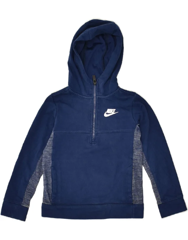 men's long sleeve hoodie -NIKE Boys Zip Neck Hoodie Jumper 5-6 Years Medium Navy Blue Cotton