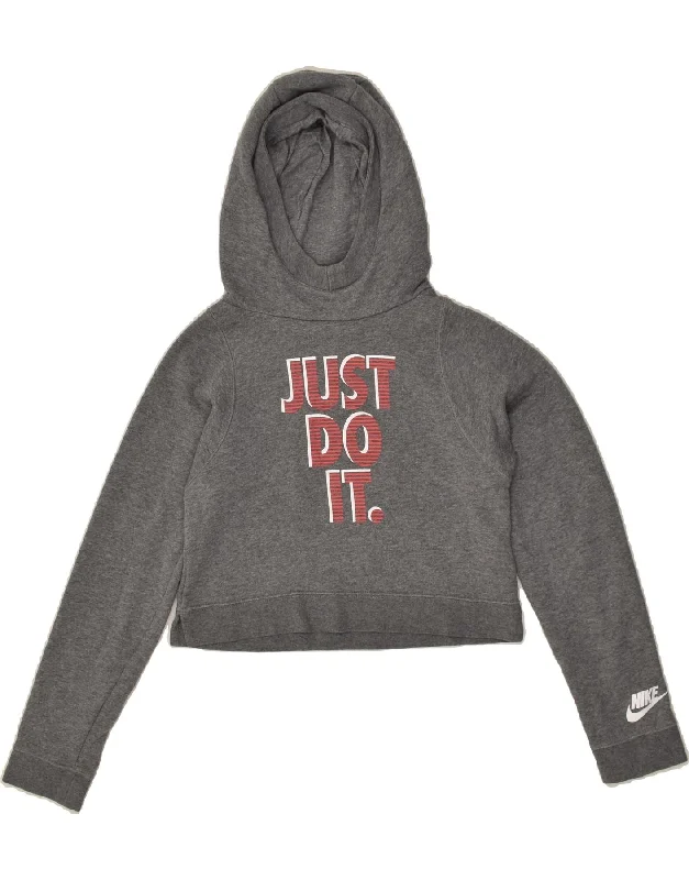 men's hoodie for layering -NIKE Girls Crop Graphic Hoodie Jumper 12-13 Years Large Grey Cotton