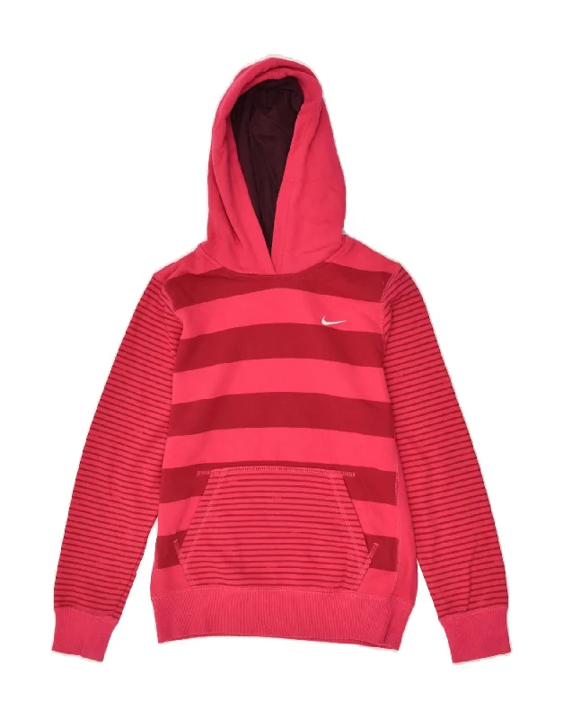 men's soft cotton hoodies -NIKE Girls Hoodie Jumper 12-13 Years L arge Pink Striped Cotton