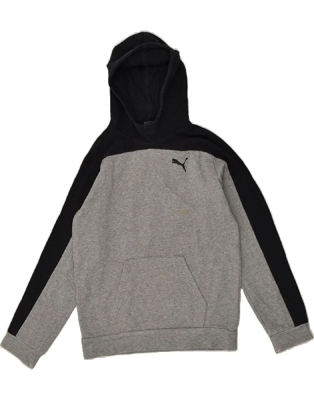 men's hoodies with logos -PUMA Boys Graphic Hoodie Jumper 13-14 Years Grey Colourblock Cotton