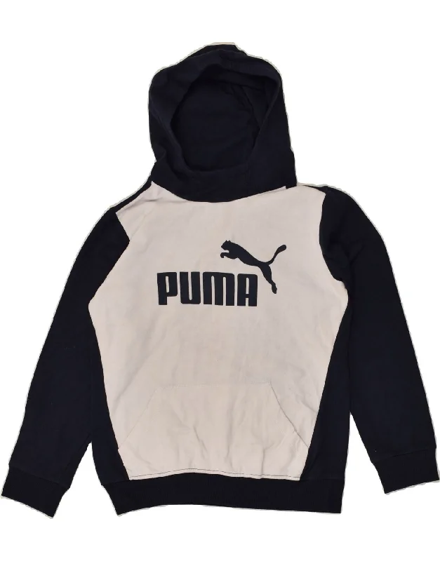 men's zip-up hoodie for hiking -PUMA Boys Graphic Hoodie Jumper 14-15 Years Large Navy Blue Colourblock