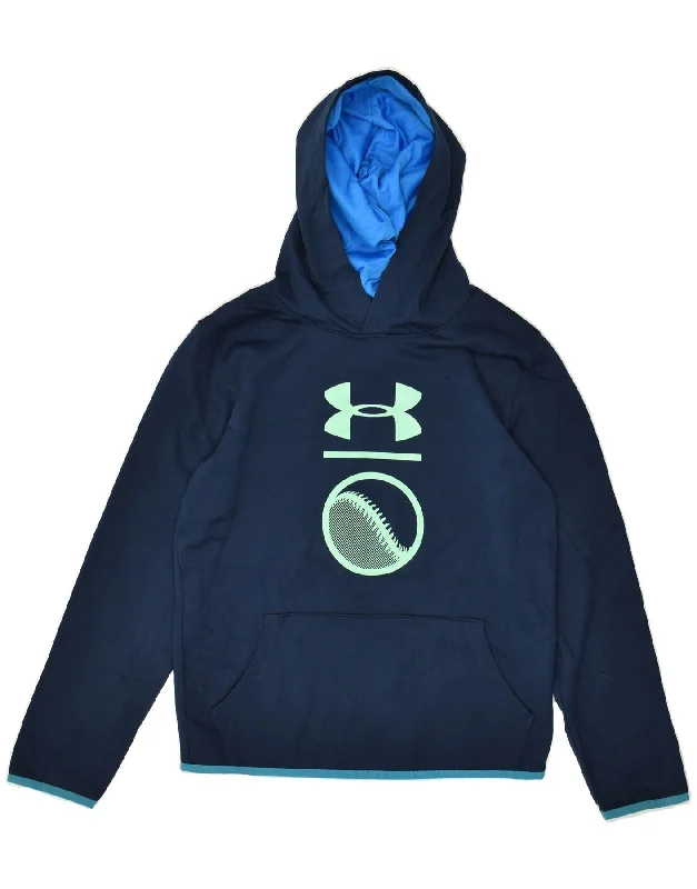 men's comfortable pullover sweatshirts -UNDER ARMOUR Boys Graphic Hoodie Jumper 13-14 Years XL Navy Blue Polyester