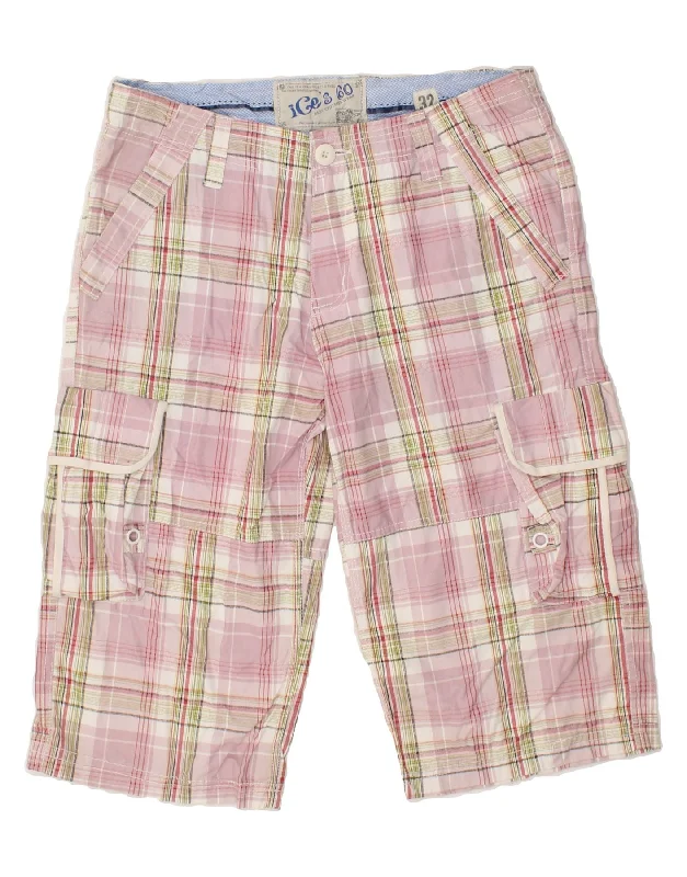 VINTAGE Mens Cargo Shorts W32 Medium Pink Check Cotton