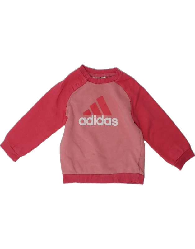 men's hoodie for layering in cold -ADIDAS Baby Girls Graphic Sweatshirt Jumper 12-18 Months Pink Colourblock