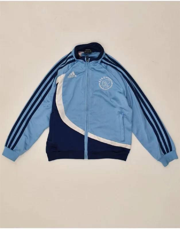 men's quilted jackets for rain -ADIDAS Boys Ajax Graphic Tracksuit Top Jacket 7-8 Years Blue Colourblock