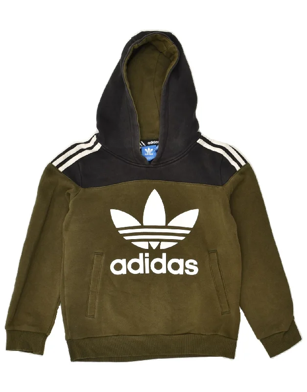 men's hoodie for gym -ADIDAS Boys Graphic Hoodie Jumper 9-10 Years Khaki Colourblock Cotton