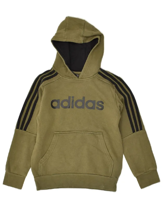 men's hoodie with designs -ADIDAS Boys Graphic Hoodie Jumper 9-10 Years Khaki Cotton