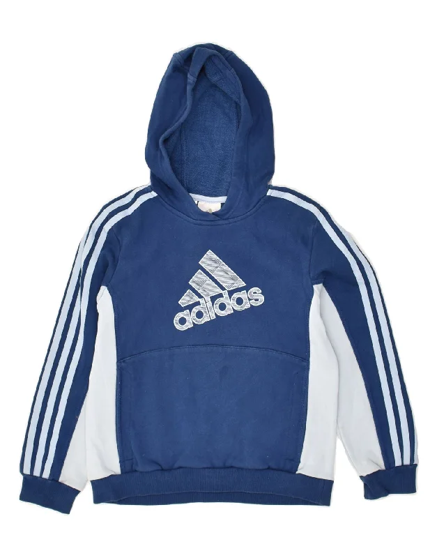 men's stylish fleece hoodies -ADIDAS Boys Graphic Hoodie Jumper 9-10 Years Navy Blue Colourblock Cotton