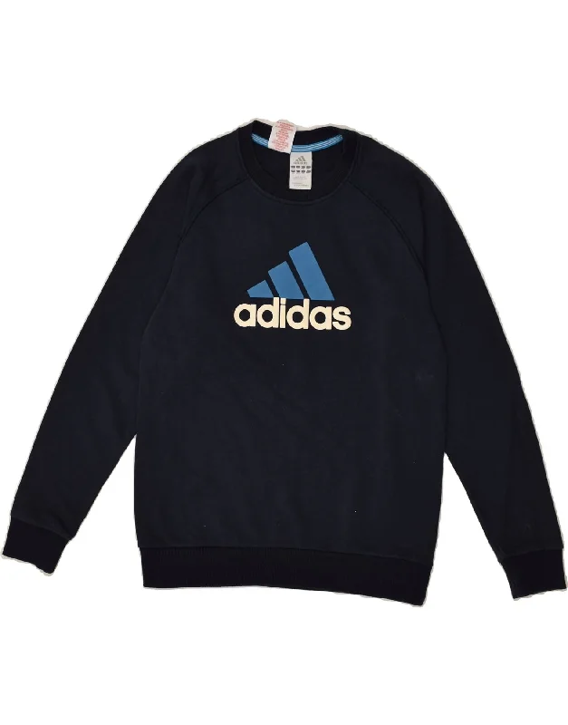 men's hoodies with logos -ADIDAS Boys Graphic Sweatshirt Jumper 13-14 Years Navy Blue Cotton