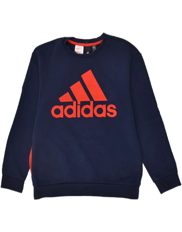 men's workout hoodies -ADIDAS Boys Graphic Sweatshirt Jumper 13-14 Years Navy Blue Cotton