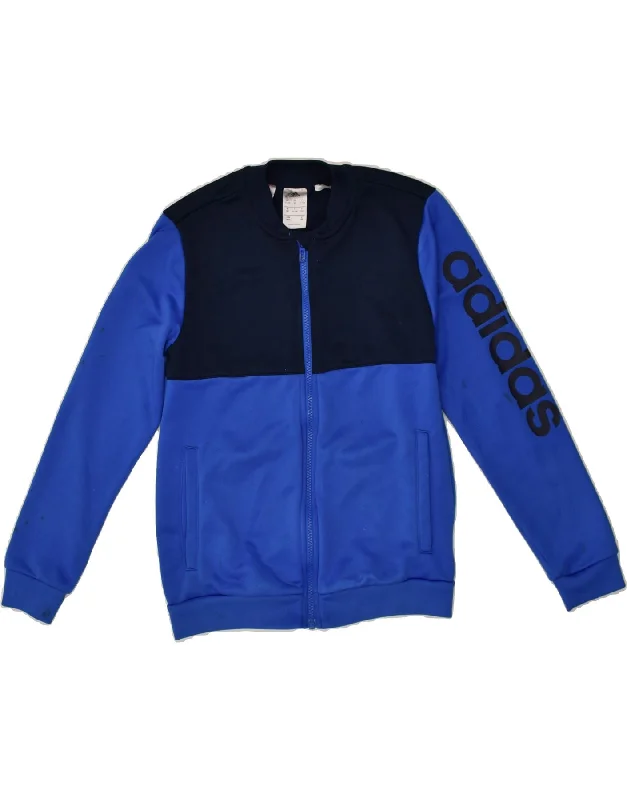 men's leather jacket with lining -ADIDAS Boys Graphic Tracksuit Top Jacket 11-12 Years Blue Colourblock